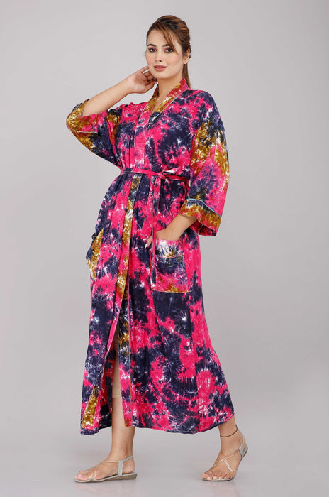 Tie Dye Pattern Kimono Robe Long Bathrobe For Women (Multi)-KM-50