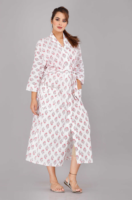 Floral Pattern Kimono Robe Long Bathrobe For Women (White)-KM-21