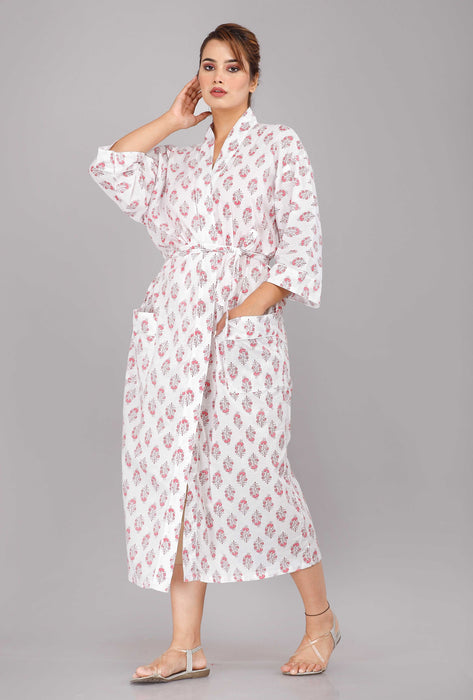 Floral Pattern Kimono Robe Long Bathrobe For Women (White)-KM-21