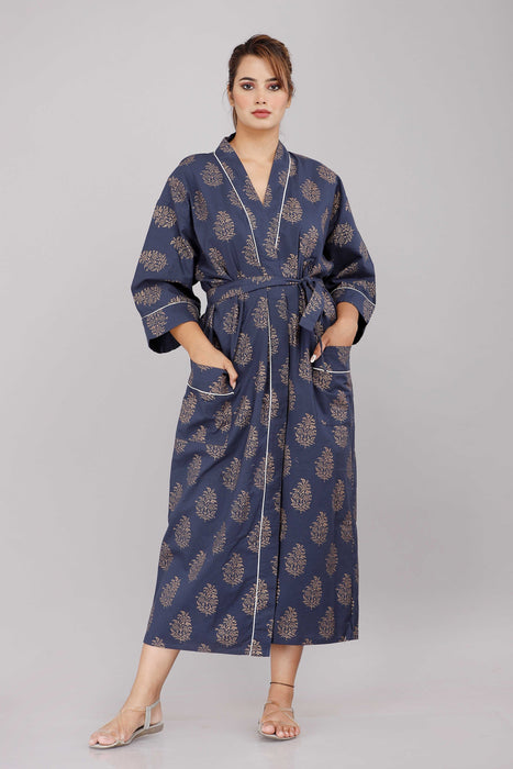 Floral Pattern Kimono Robe Long Bathrobe For Women (Blue)-KM-54