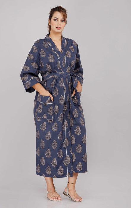 Floral Pattern Kimono Robe Long Bathrobe For Women (Blue)-KM-54