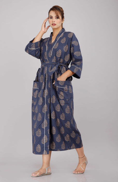 Floral Pattern Kimono Robe Long Bathrobe For Women (Blue)-KM-54