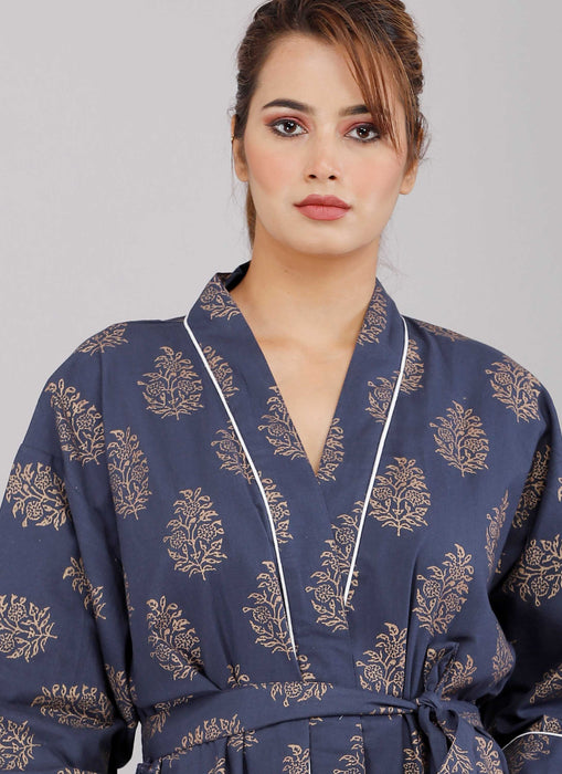 Floral Pattern Kimono Robe Long Bathrobe For Women (Blue)-KM-54