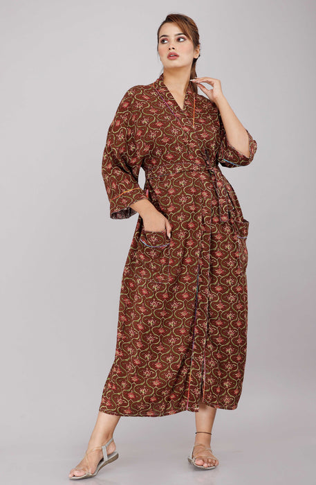 Floral Pattern Kimono Robe Long Bathrobe For Women (Brown)-KM-34