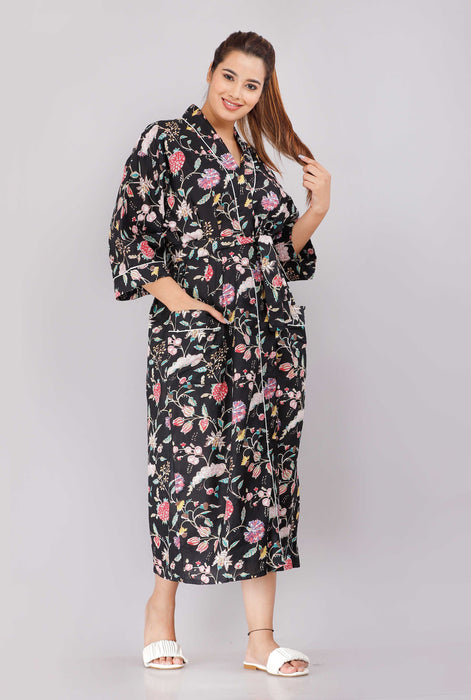 Floral Pattern Kimono Robe Long Bathrobe For Women (Black)-KM-65