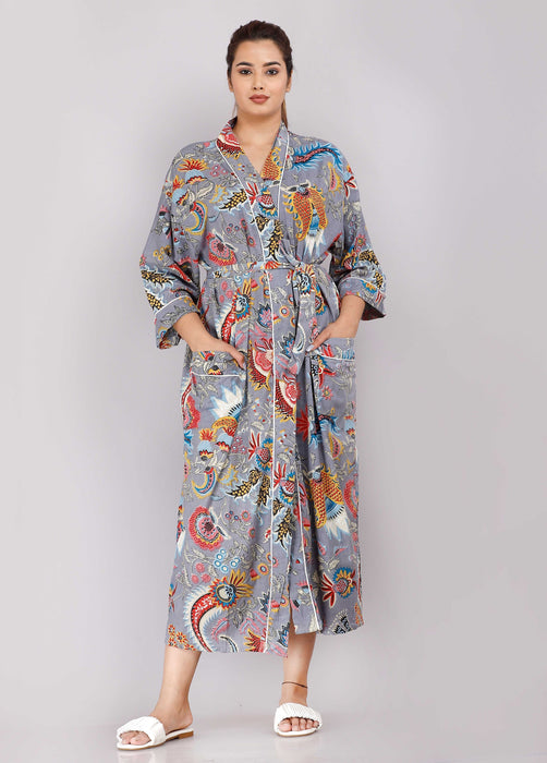 Animal Pattern Kimono Robe Long Bathrobe For Women (Grey)-KM-66