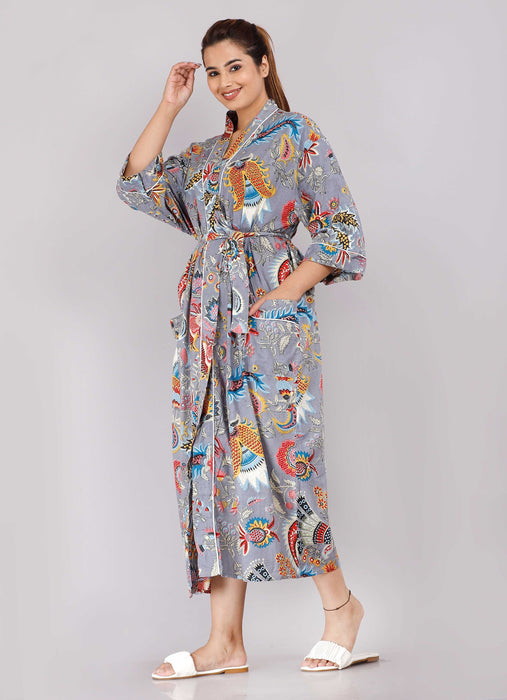 Animal Pattern Kimono Robe Long Bathrobe For Women (Grey)-KM-66