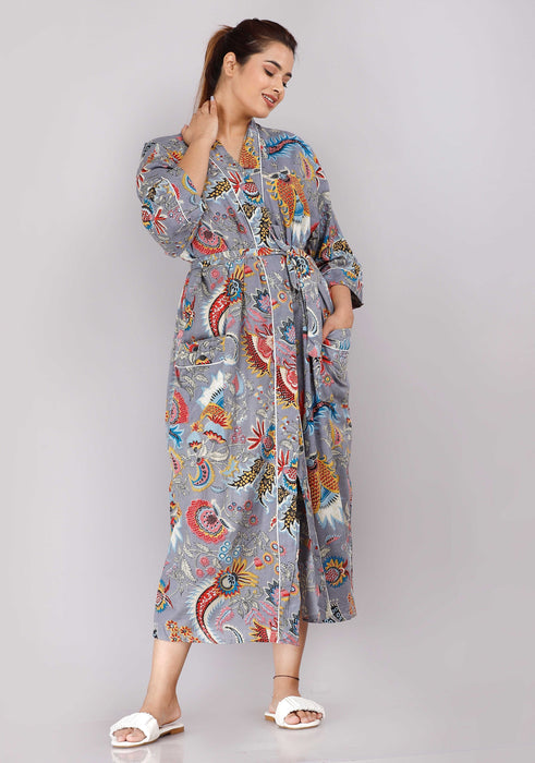 Animal Pattern Kimono Robe Long Bathrobe For Women (Grey)-KM-66