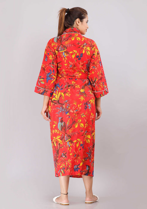 Floral Pattern Kimono Robe Long Bathrobe For Women (Red)-KM-67