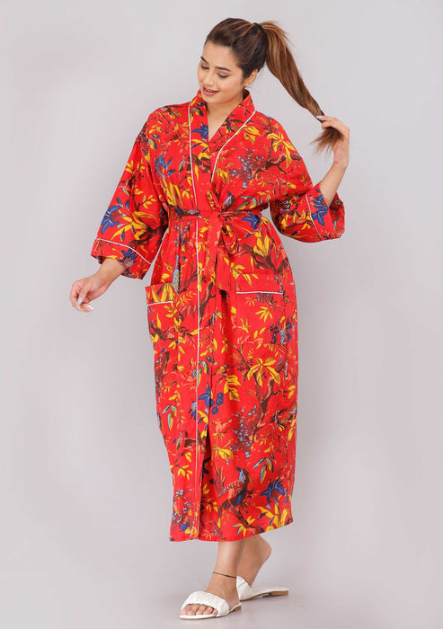 Floral Pattern Kimono Robe Long Bathrobe For Women (Red)-KM-67