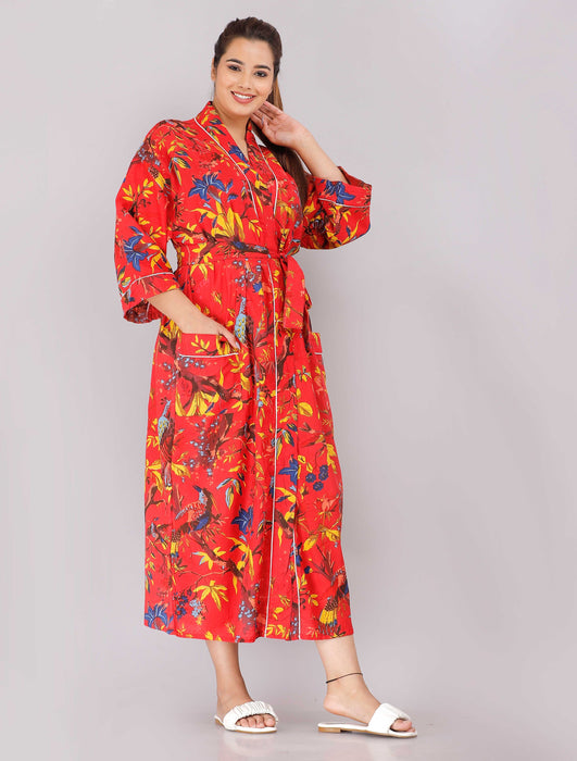 Floral Pattern Kimono Robe Long Bathrobe For Women (Red)-KM-67