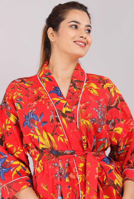 Floral Pattern Kimono Robe Long Bathrobe For Women (Red)-KM-67