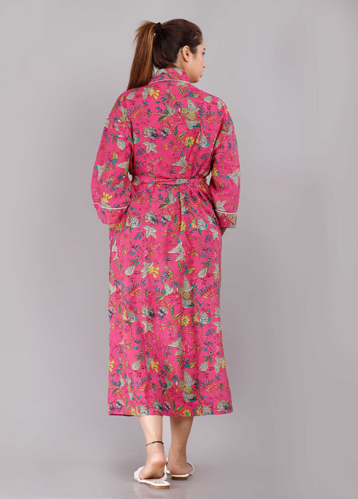 Floral Pattern Kimono Robe Long Bathrobe For Women (Pink)-KM-68