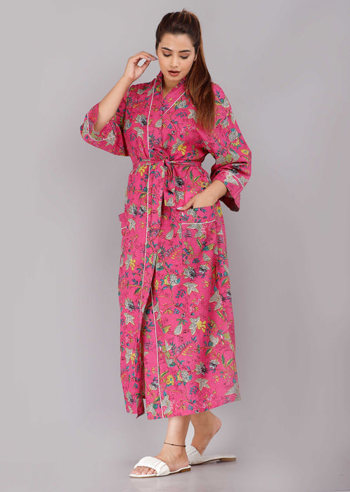 Floral Pattern Kimono Robe Long Bathrobe For Women (Pink)-KM-68