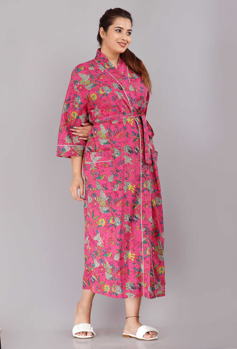 Floral Pattern Kimono Robe Long Bathrobe For Women (Pink)-KM-68