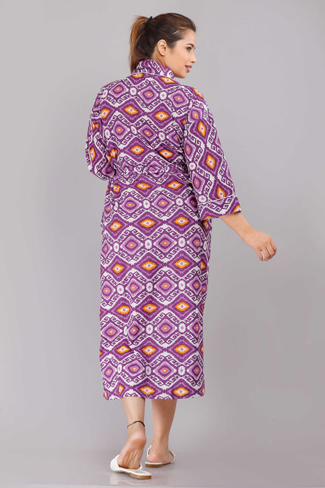 Geometric Pattern Kimono Robe Long Bathrobe For Women (Purple)-KM-69