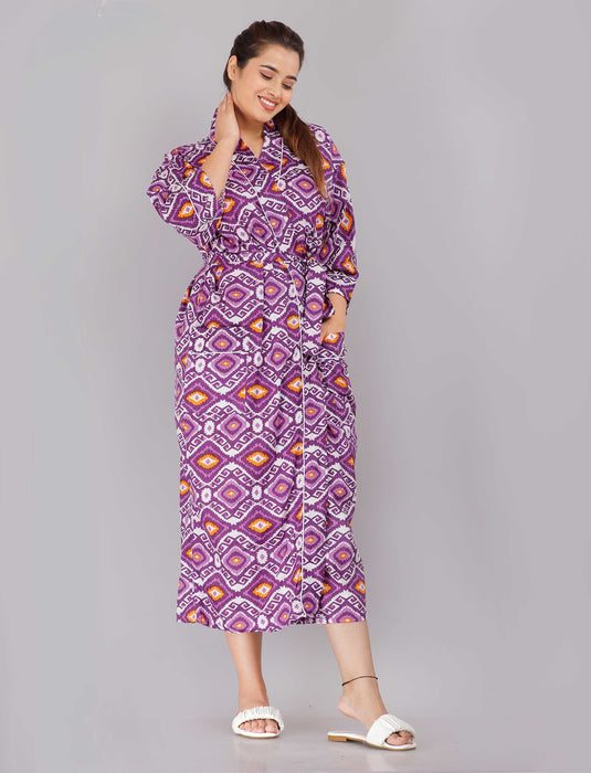 Geometric Pattern Kimono Robe Long Bathrobe For Women (Purple)-KM-69