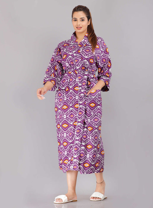 Geometric Pattern Kimono Robe Long Bathrobe For Women (Purple)-KM-69