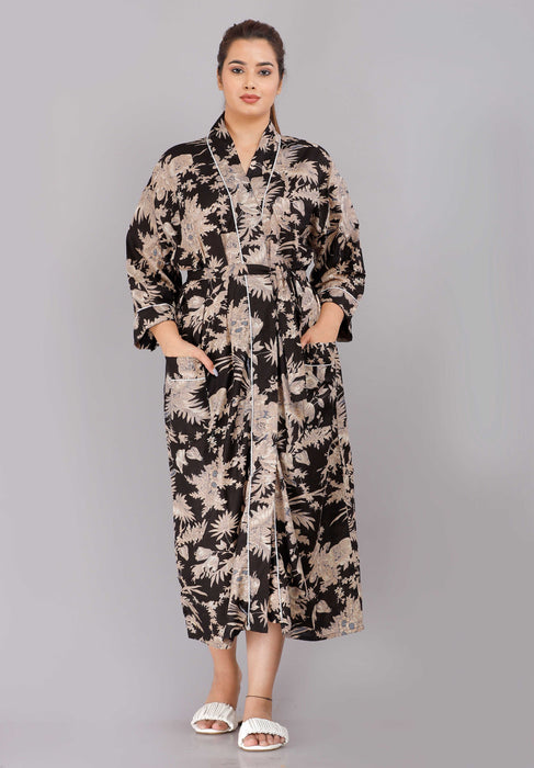 Floral Pattern Kimono Robe Long Bathrobe For Women (Black)-KM-70