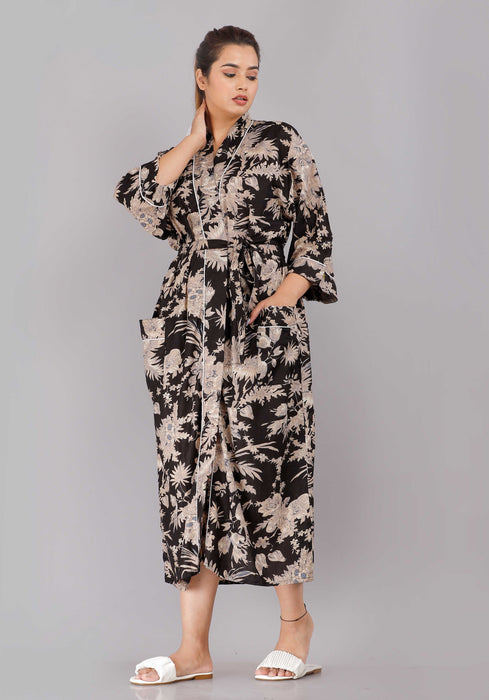 Floral Pattern Kimono Robe Long Bathrobe For Women (Black)-KM-70