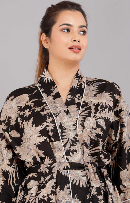 Floral Pattern Kimono Robe Long Bathrobe For Women (Black)-KM-70