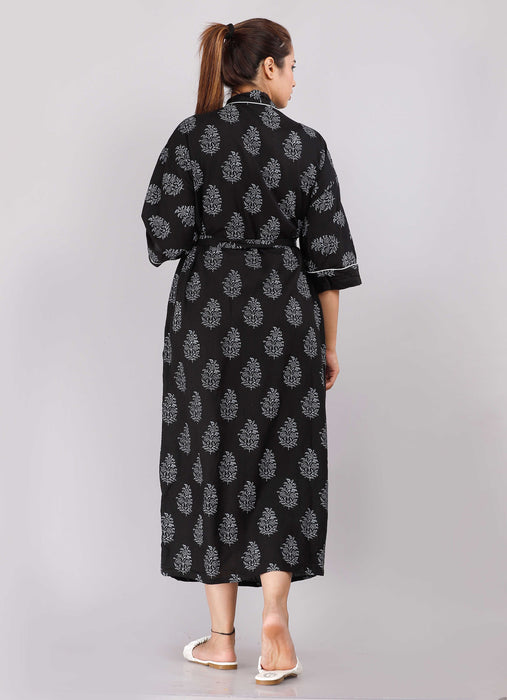 Floral Pattern Kimono Robe Long Bathrobe For Women (Black)-KM-71