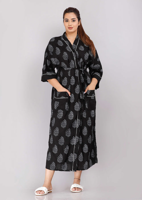 Floral Pattern Kimono Robe Long Bathrobe For Women (Black)-KM-71