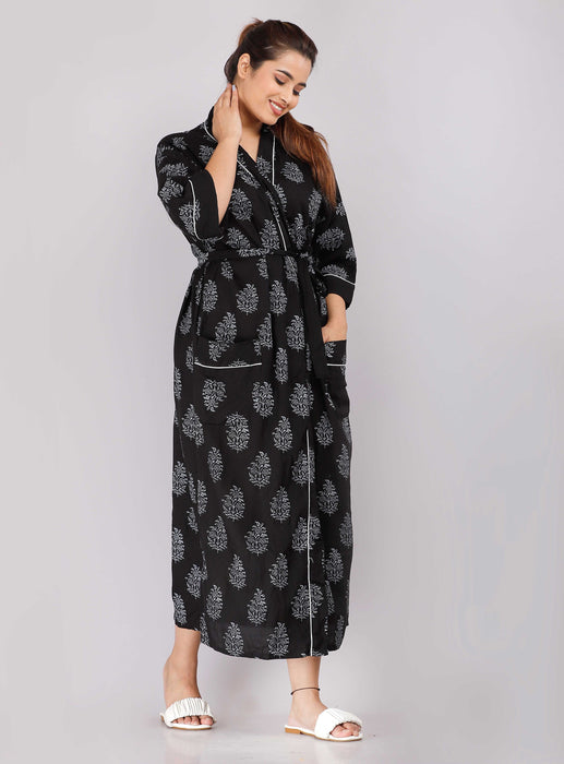 Floral Pattern Kimono Robe Long Bathrobe For Women (Black)-KM-71