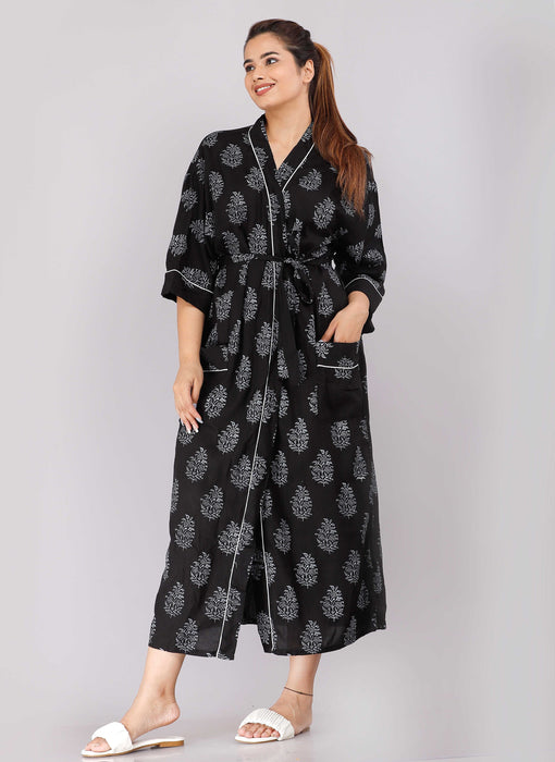 Floral Pattern Kimono Robe Long Bathrobe For Women (Black)-KM-71