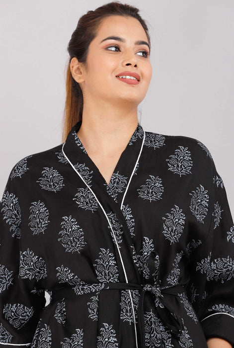 Floral Pattern Kimono Robe Long Bathrobe For Women (Black)-KM-71