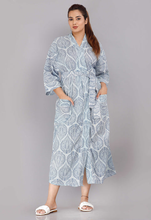 Floral Pattern Kimono Robe Long Bathrobe For Women (Blue)-KM-72