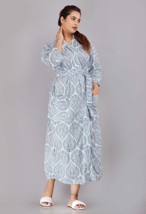 Floral Pattern Kimono Robe Long Bathrobe For Women (Blue)-KM-72