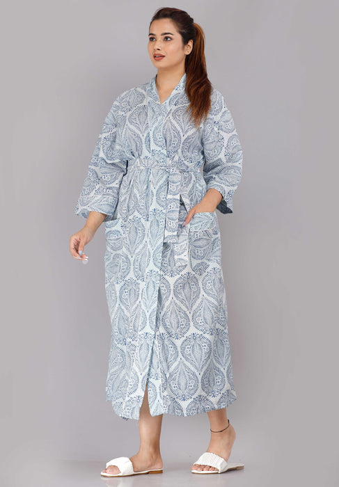 Floral Pattern Kimono Robe Long Bathrobe For Women (Blue)-KM-72