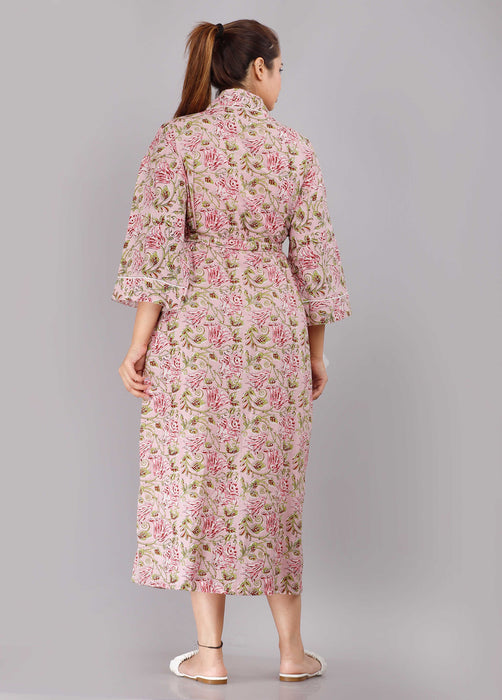 Floral Pattern Kimono Robe Long Bathrobe For Women (Pink)-KM-74