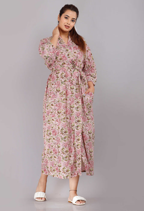 Floral Pattern Kimono Robe Long Bathrobe For Women (Pink)-KM-74