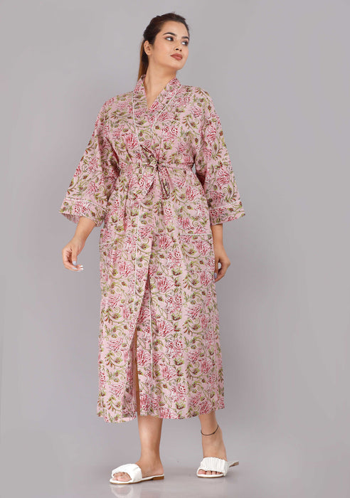 Floral Pattern Kimono Robe Long Bathrobe For Women (Pink)-KM-74