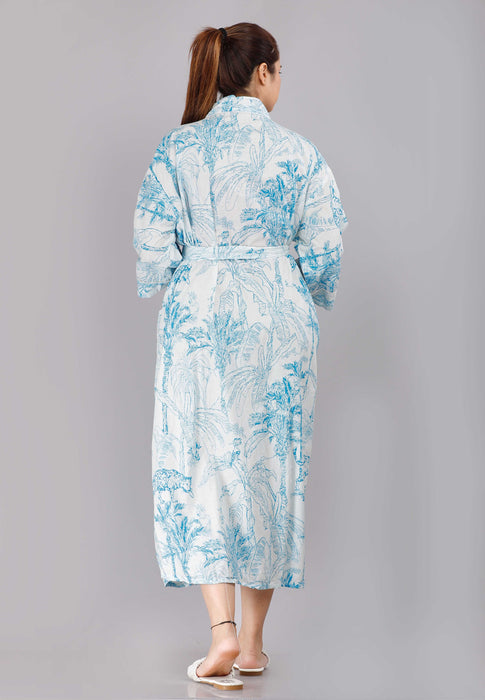 Jungle Pattern Kimono Robe Long Bathrobe For Women (Aqua)-KM-75