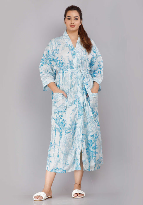 Jungle Pattern Kimono Robe Long Bathrobe For Women (Aqua)-KM-75