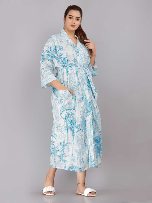 Jungle Pattern Kimono Robe Long Bathrobe For Women (Aqua)-KM-75