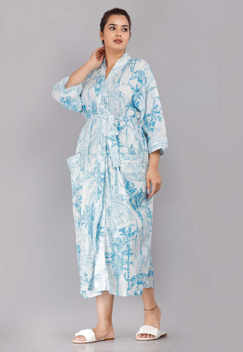 Jungle Pattern Kimono Robe Long Bathrobe For Women (Aqua)-KM-75