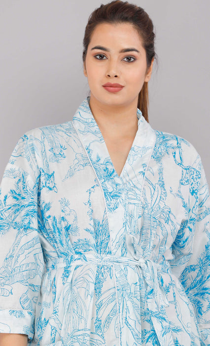 Jungle Pattern Kimono Robe Long Bathrobe For Women (Aqua)-KM-75