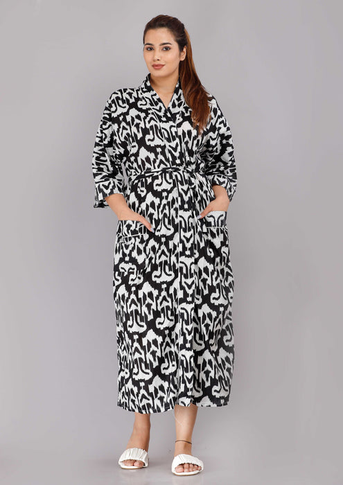 Abstract Pattern Kimono Robe Long Bathrobe For Women (Black)-KM-76