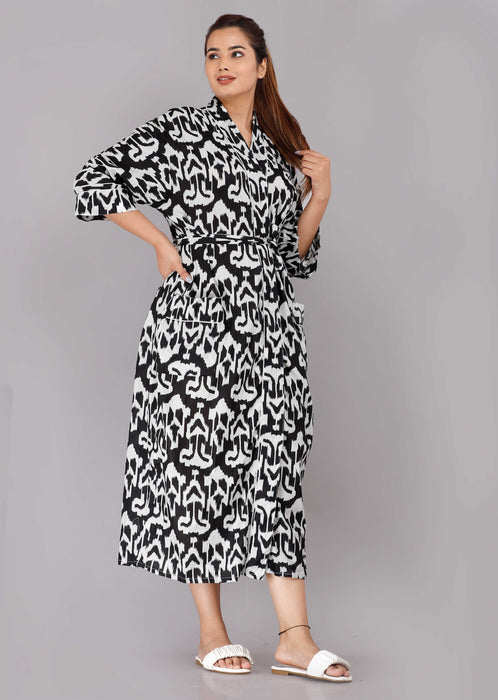 Abstract Pattern Kimono Robe Long Bathrobe For Women (Black)-KM-76