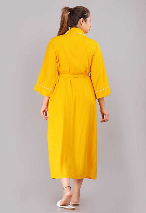 Solid Pattern Kimono Robe Long Bathrobe For Women (Mustard)-KM-77