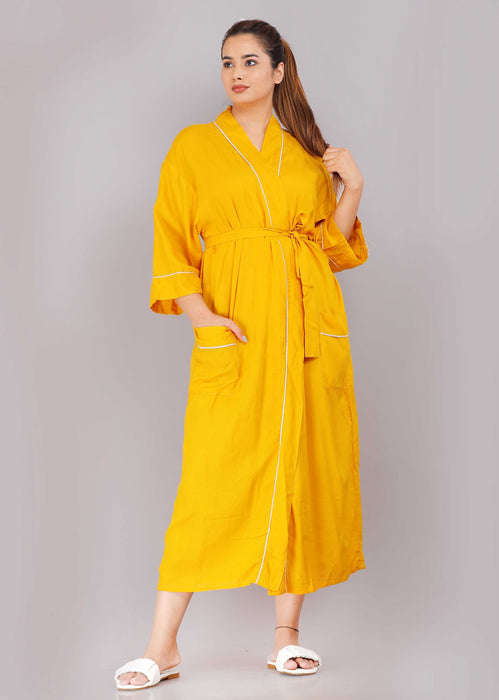 Solid Pattern Kimono Robe Long Bathrobe For Women (Mustard)-KM-77