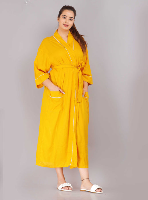 Solid Pattern Kimono Robe Long Bathrobe For Women (Mustard)-KM-77