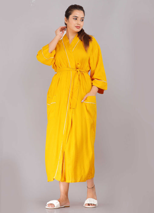 Solid Pattern Kimono Robe Long Bathrobe For Women (Mustard)-KM-77