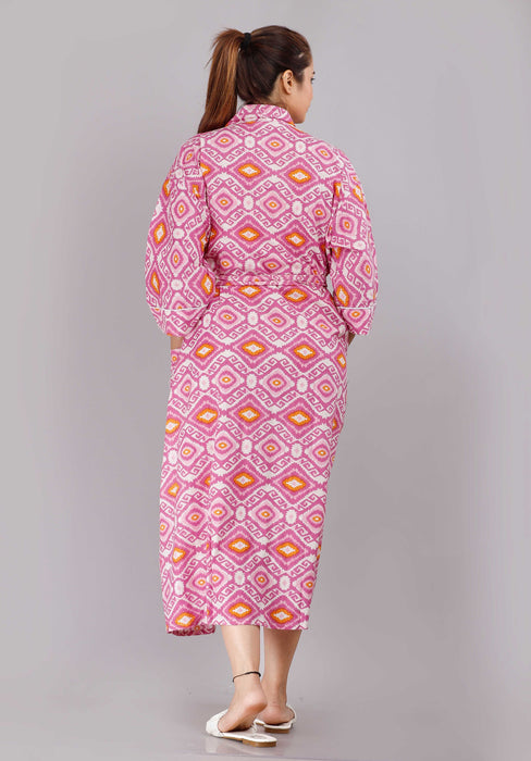 Geometric Pattern Kimono Robe Long Bathrobe For Women (Pink)-KM-78