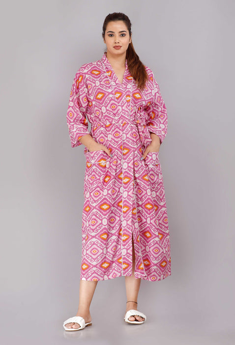 Geometric Pattern Kimono Robe Long Bathrobe For Women (Pink)-KM-78