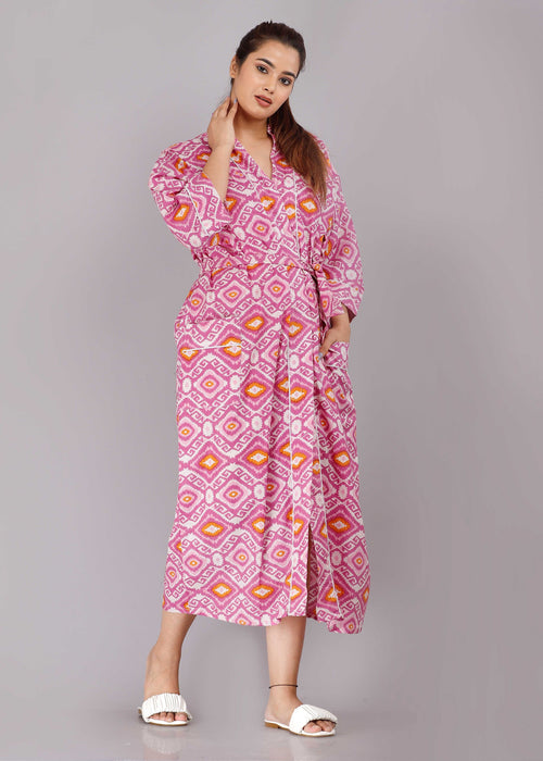 Geometric Pattern Kimono Robe Long Bathrobe For Women (Pink)-KM-78